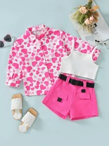 SHEIN 小女童愛心圖案襯衫和短褲和吊帶上衣 - 彩色 - 查看 1