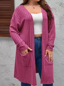 SHEIN LUNE Plus Dual Pocket Drop Shoulder Open Front Coat - Hot Pink - View 1