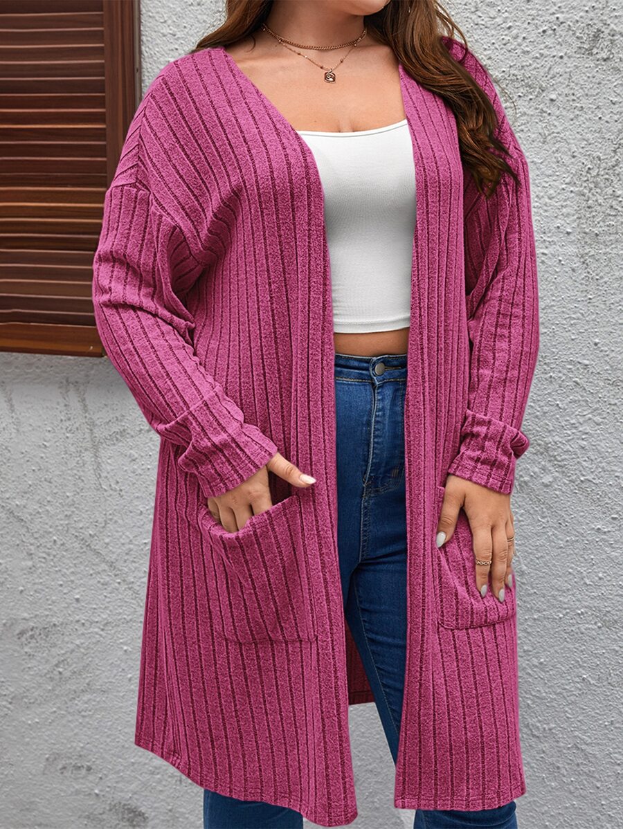 SHEIN LUNE Plus Dual Pocket Drop Shoulder Open Front Coat - Hot Pink - View 1