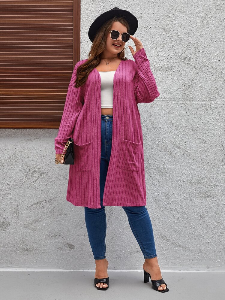 SHEIN LUNE Plus Dual Pocket Drop Shoulder Open Front Coat - Hot Pink - View 3