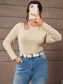 SHEIN Essnce Camiseta con abertura tejido de canalé - Albaricoque - Ver 3