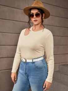 SHEIN Essnce Camiseta con abertura tejido de canalé - Albaricoque - Ver 4