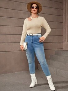 SHEIN Essnce Camiseta con abertura tejido de canalé - Albaricoque - Ver 5