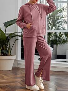 SHEIN Maternity Drop Shoulder Kangaroo Pocket Drawstring Hoodie & Adjustable Waist Split Hem Joggers - Dusty Pink - View 1
