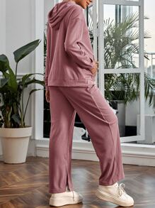 SHEIN Maternity Drop Shoulder Kangaroo Pocket Drawstring Hoodie & Adjustable Waist Split Hem Joggers - Dusty Pink - View 2