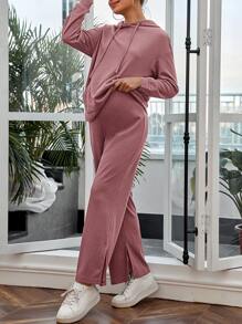 SHEIN Maternity Drop Shoulder Kangaroo Pocket Drawstring Hoodie & Adjustable Waist Split Hem Joggers - Dusty Pink - View 3