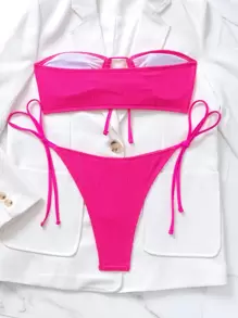 SHEIN Swim 夏季海滩单色比基尼套装前系带抹胸上衣和侧系带下装 2 件套比基尼 - 玫紅色 - 查看 3
