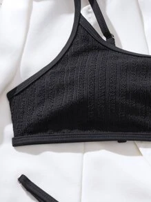 Plain Thong Bikini Set Summer Beach - Black - View 5