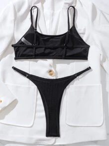 Plain Thong Bikini Set Summer Beach - Black - View 4