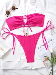 SHEIN Swim 夏季海滩单色比基尼套装前系带抹胸上衣和侧系带下装 2 件套比基尼 - 玫紅色 - 查看 5