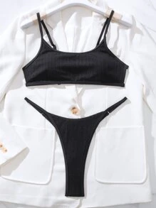 Plain Thong Bikini Set Summer Beach - Black - View 3