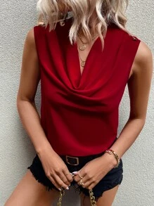 SHEIN Clasi Solid Draped Collar Sleeveless Blouse - Burgundy - View 5