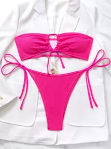 SHEIN Swim 夏季海滩单色比基尼套装前系带抹胸上衣和侧系带下装 2 件套比基尼 - 玫紅色 - 查看 6