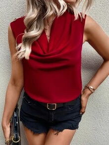 SHEIN Clasi Solid Draped Collar Sleeveless Blouse - Burgundy - View 6