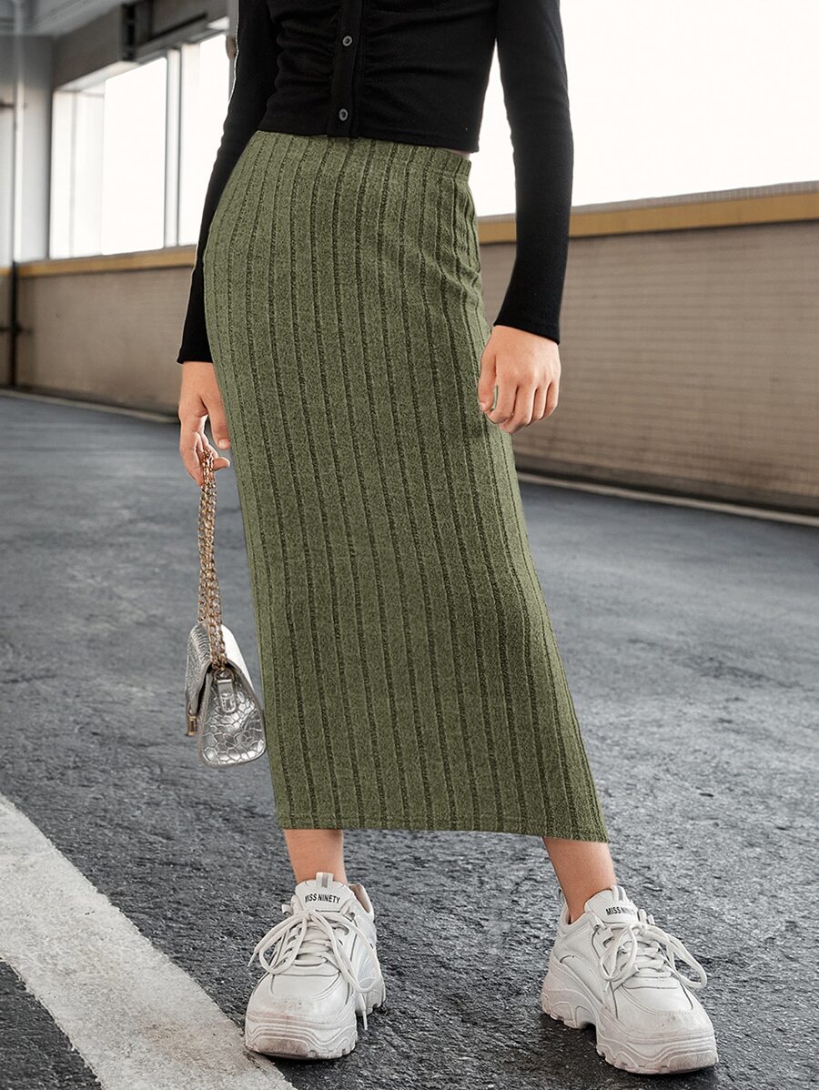 SHEIN 女孩素色肋編高腰裙