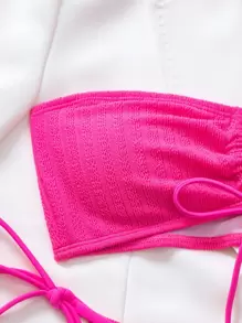 SHEIN Swim 夏季海滩单色比基尼套装前系带抹胸上衣和侧系带下装 2 件套比基尼 - 玫紅色 - 查看 7