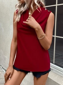 SHEIN Clasi Solid Draped Collar Sleeveless Blouse - Burgundy - View 7