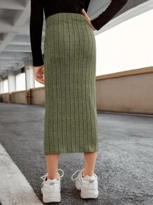 SHEIN 女孩素色肋編高腰裙