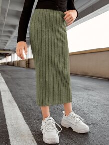 SHEIN 女孩素色肋編高腰裙