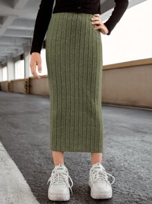 SHEIN 女孩素色肋編高腰裙