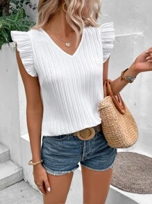 SHEIN VCAY Áo sơ mi nữ Xù Buộc lại màu trơn Giải trí - trắng - Xem 1