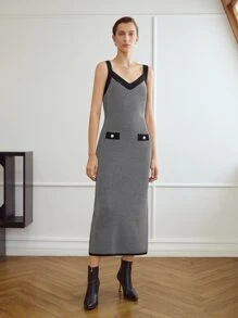 MOTF PREMIUM Ladies áo len váy Nút Sọc Thanh lịch - Đen và trắng - Xem 7