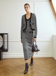 MOTF PREMIUM Ladies áo len váy Nút Sọc Thanh lịch - Đen và trắng - Xem 4