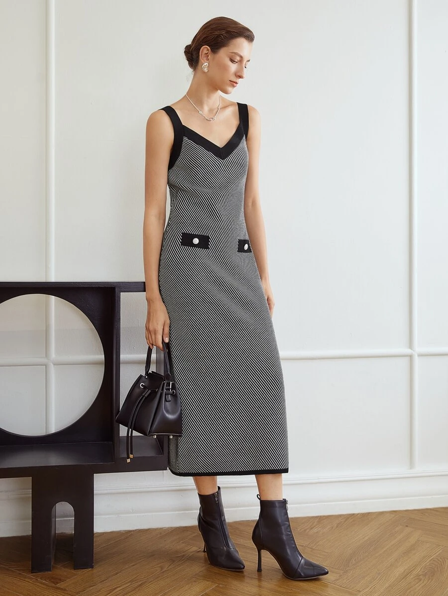 MOTF PREMIUM Ladies áo len váy Nút Sọc Thanh lịch