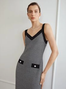 MOTF PREMIUM Ladies áo len váy Nút Sọc Thanh lịch - Đen và trắng - Xem 3