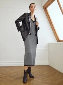 MOTF PREMIUM Ladies áo len váy Nút Sọc Thanh lịch - Đen và trắng - Xem 8