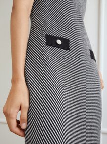 MOTF PREMIUM Ladies áo len váy Nút Sọc Thanh lịch - Đen và trắng - Xem 5