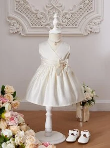 SHEIN Glamorique Kids Baby Bow Front Wrap Detail Flare Hem Dress - Beige - View 1