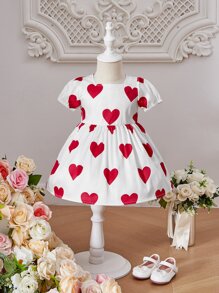 Baby Heart Print Puff Sleeve Dress - White - View 2