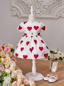 Baby Heart Print Puff Sleeve Dress - White - View 3