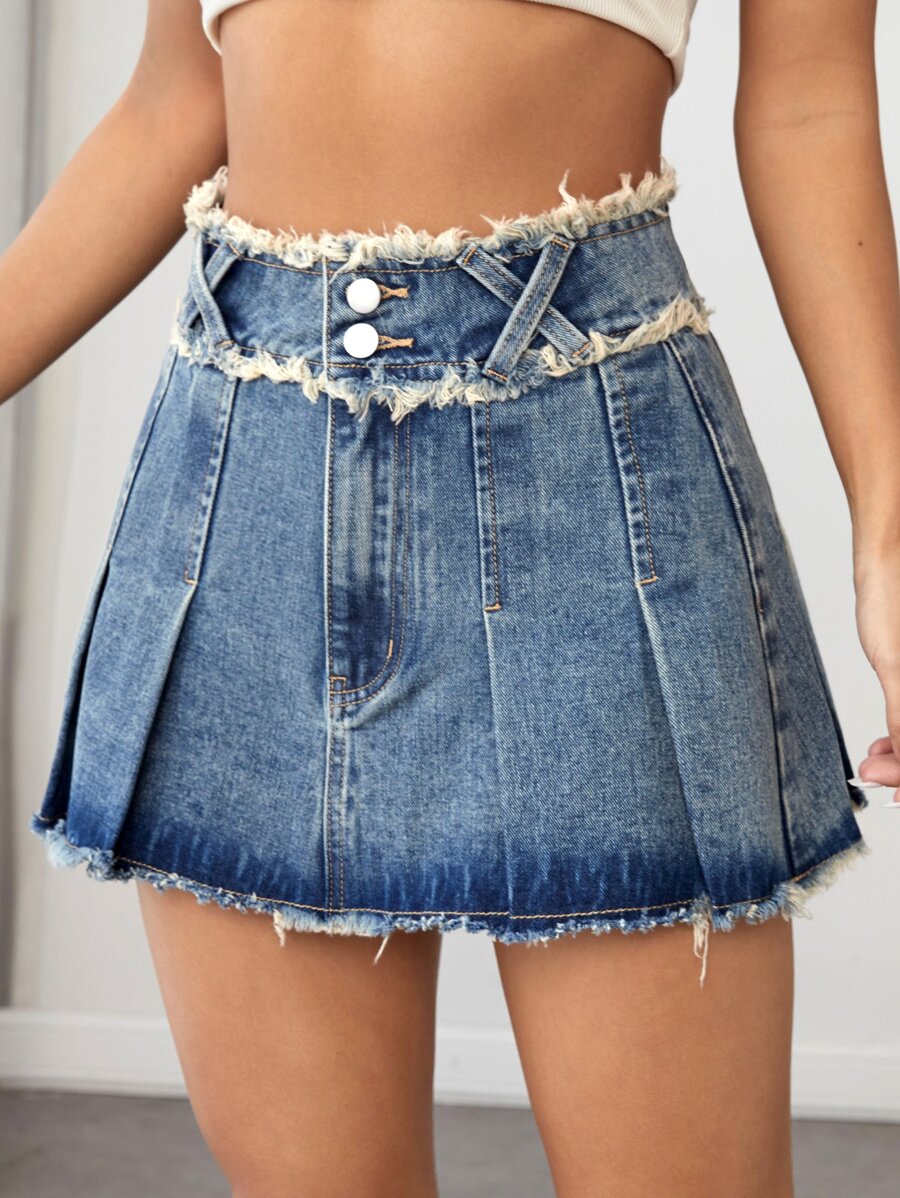 SHEIN PETITE Váy denim nữ Nút Xếp li Hem thô Dây kéo màu trơn - Rửa trung bình - Xem 1