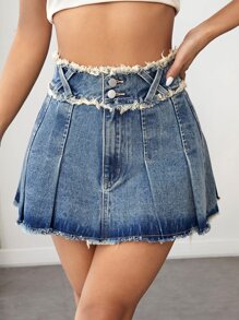 SHEIN PETITE Váy denim nữ Nút Xếp li Hem thô Dây kéo màu trơn - Rửa trung bình - Xem 5