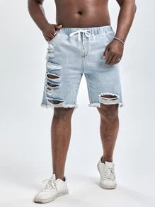 Manfinity Men Plus Ripped Frayed Hem Drawstring Waist Bermuda Denim Shorts