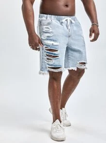 Manfinity Men Plus Ripped Frayed Hem Drawstring Waist Bermuda Denim Shorts