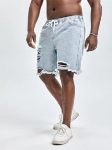 Manfinity Men Plus Ripped Frayed Hem Drawstring Waist Bermuda Denim Shorts