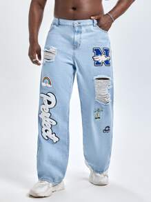 Manfinity VCAY Hombres Jeans de pierna recta algodón con estampado de letra desgarro - Lavado ligero - Ver 1