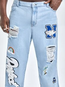 Manfinity VCAY Hombres Jeans de pierna recta algodón con estampado de letra desgarro - Lavado ligero - Ver 4