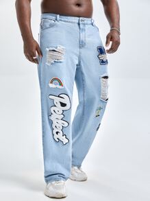 Manfinity VCAY Hombres Jeans de pierna recta algodón con estampado de letra desgarro - Lavado ligero - Ver 5