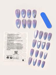 使用24入組長杏仁紫色閃光貓眼水鑽花卉裝飾假指甲和1入組指甲銼和1張膠帶立即升級您造型 - 紫色 - 查看 8
