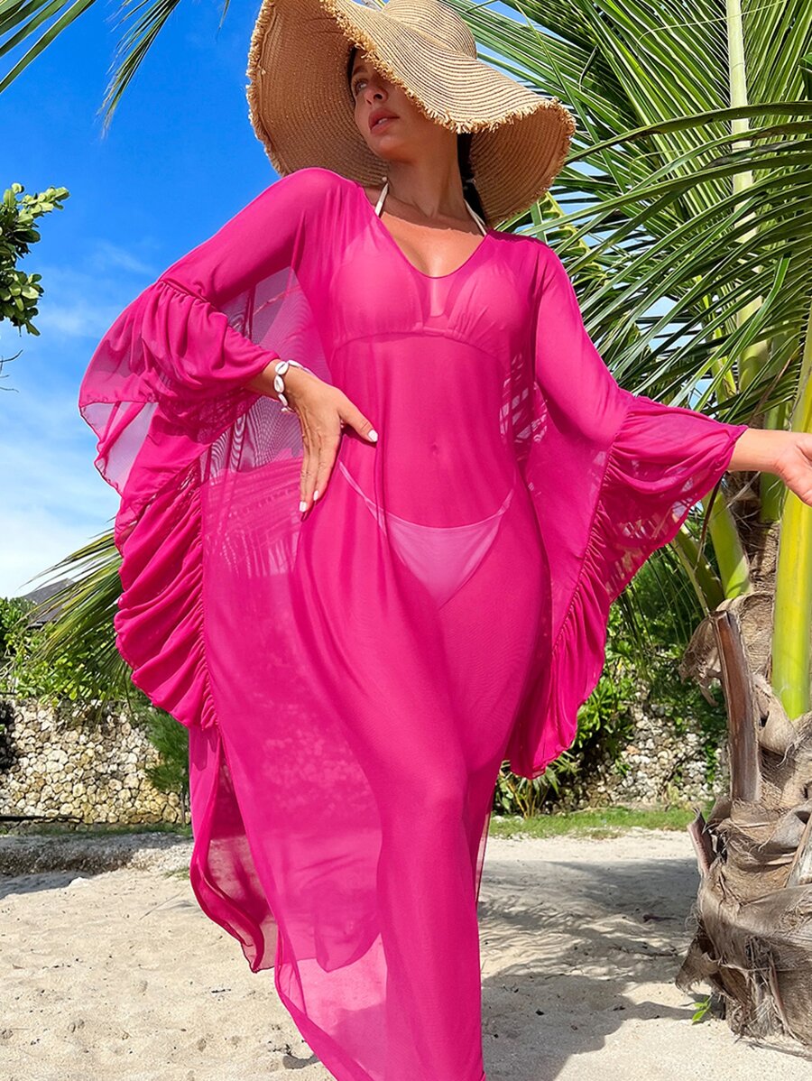 Ruffle Trim Batwing Sleeve Cover Up - Hot Pink - View 1