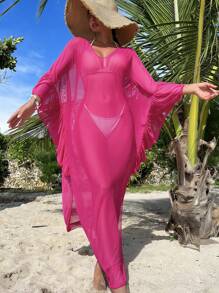 Ruffle Trim Batwing Sleeve Cover Up - Hot Pink - View 4