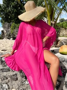 Ruffle Trim Batwing Sleeve Cover Up - Hot Pink - View 7