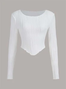 SHEIN EZwear 素色木耳邊不對稱下擺短款T恤 - 白色 - 查看 1