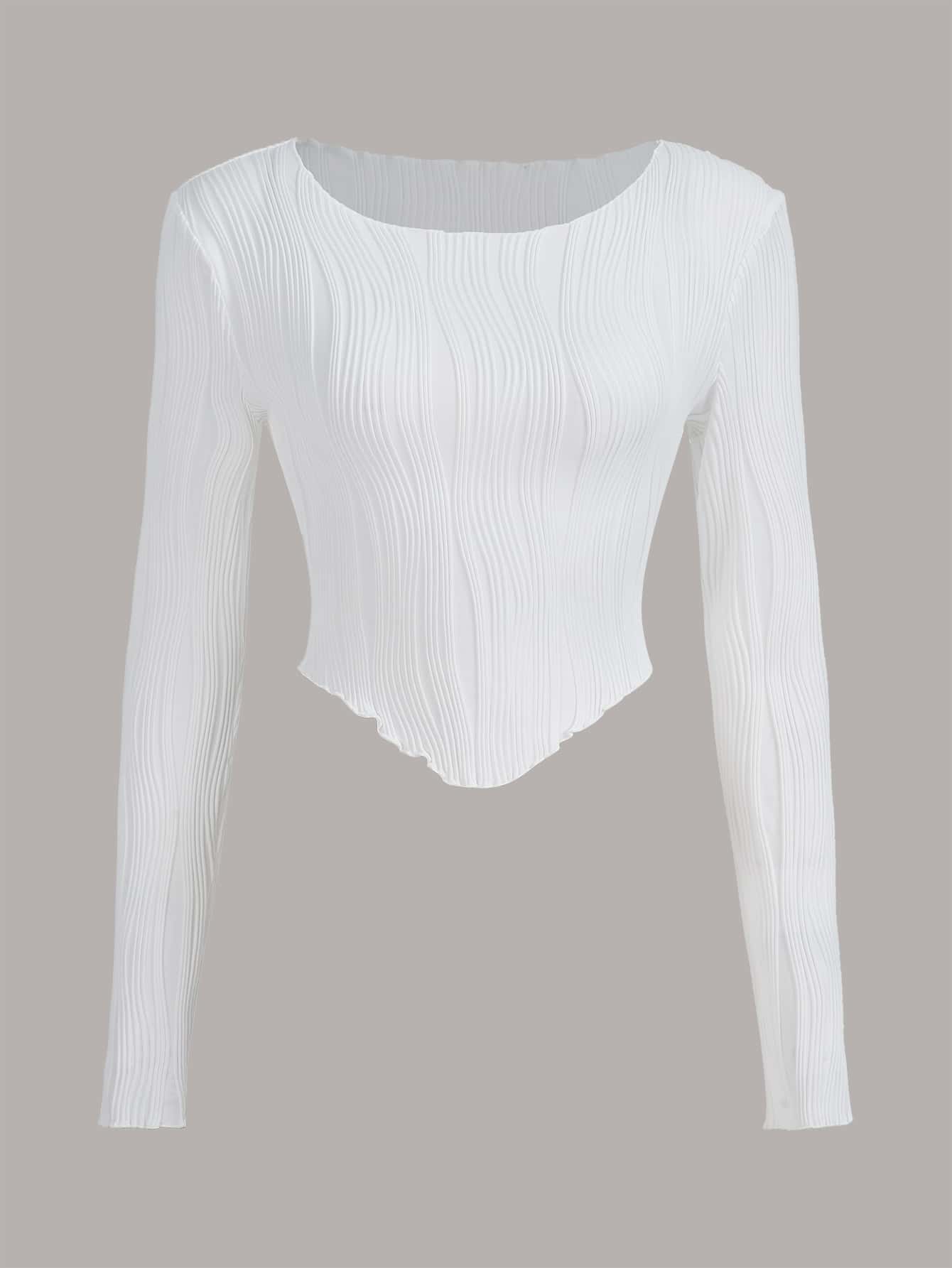 SHEIN EZwear 素色木耳邊不對稱下擺短款T恤 - 白色 - 查看 1