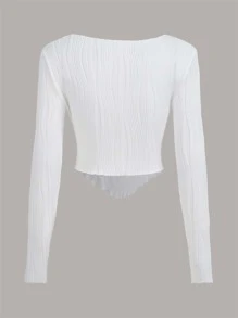 SHEIN EZwear 素色木耳邊不對稱下擺短款T恤 - 白色 - 查看 2