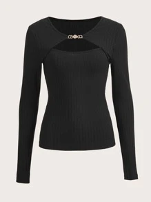 SHEIN MOD Cut Out Front Ribbed Knit Tee - Black - View 1